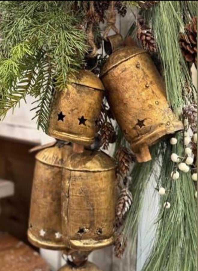 THOR INSTRUMENTS أجراس أبقار ريفية عتيقة الطراز، زينة عيد الميلاد، أجراس أسطوانية مصنوعة يدويًا للزينة، نجمة في الأسفل، مجموعة من 3 أجراس احتفالية للحديقة - Image 3